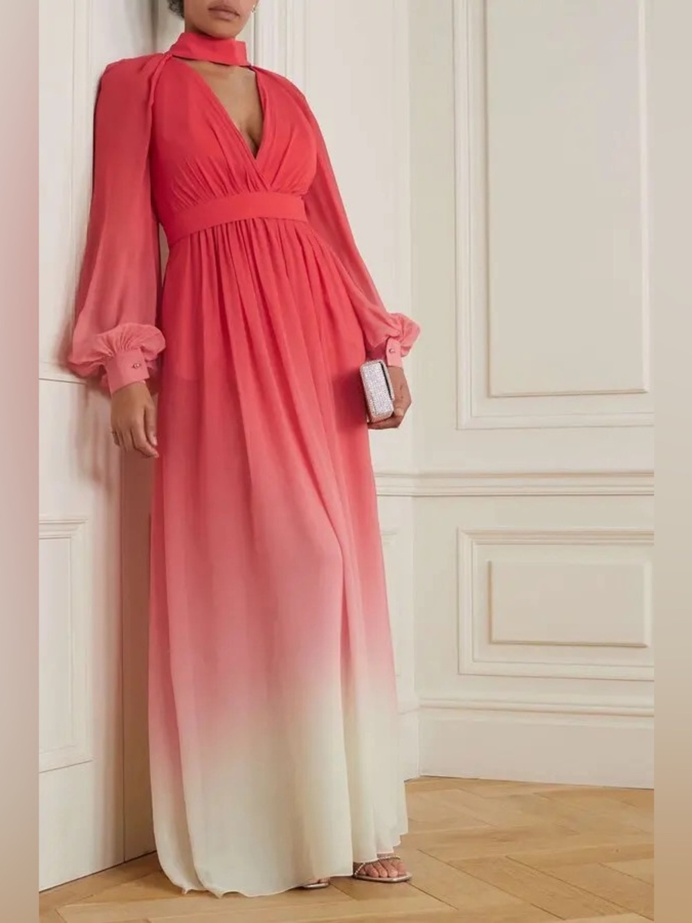 Elie Saab Tie-Neck Cutout Dégradé Silk-Georgette Gown